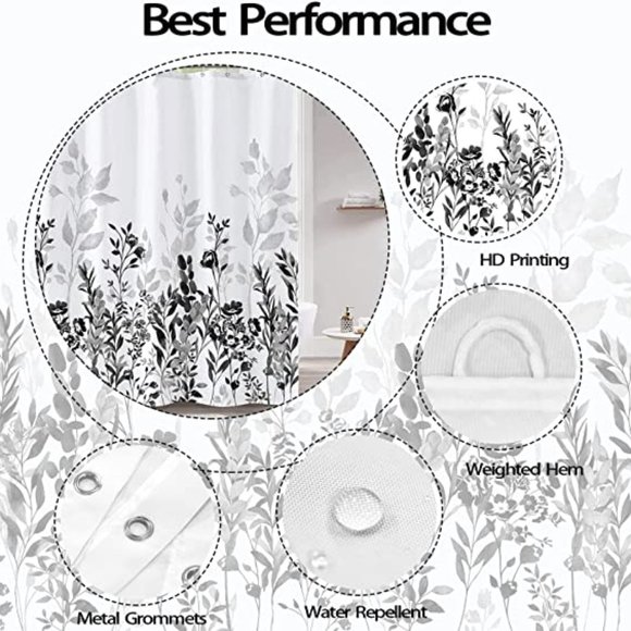 Neasow Bath Black And Grey Shower Curtain Floral Leaves Bathroom